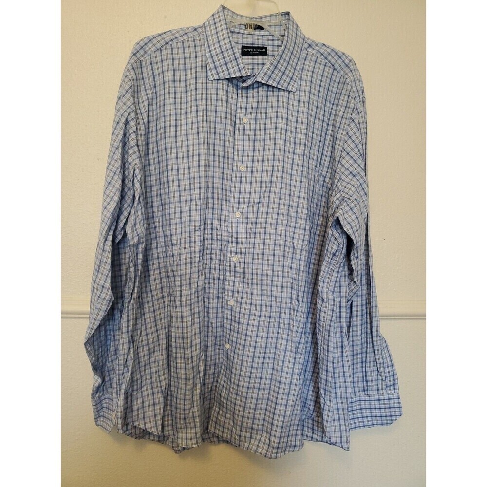 Peter Millar Collection Mens XXL Plaid Button Down Shirt Blue White Cotton 2XL